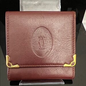 Cartier Compact Coin Wallet-  Burgundy with Gold Corners